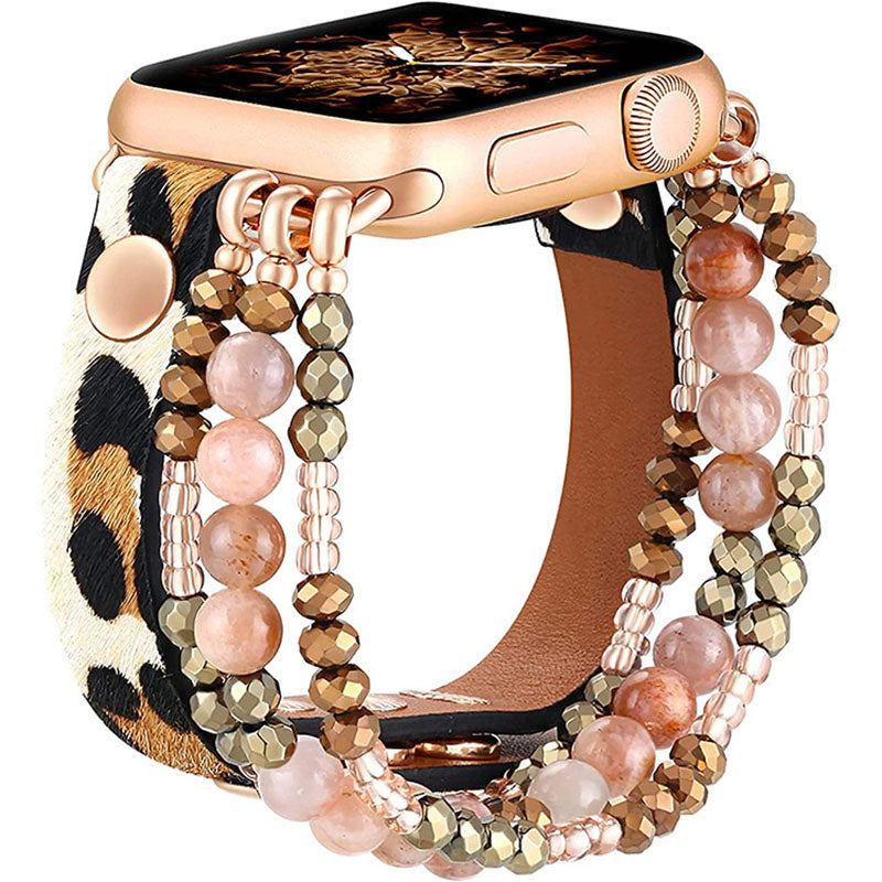 Elastic Leather Metal Beaded Decorative Watch Band for Apple Watch